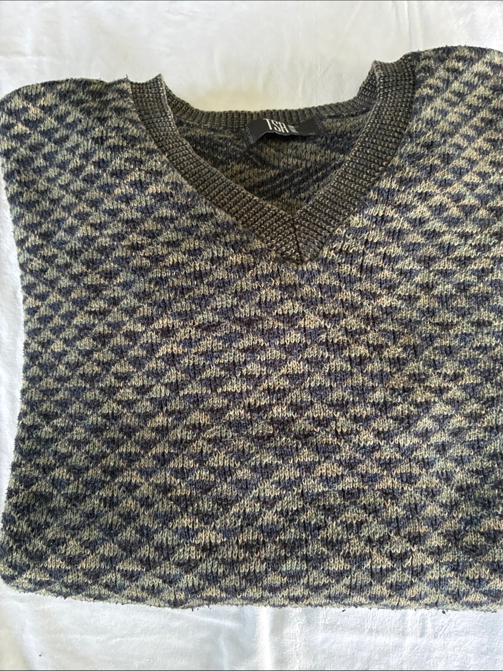 Vintage TSR Men's V-Neck Textured Sweater in Olive Green & Navy